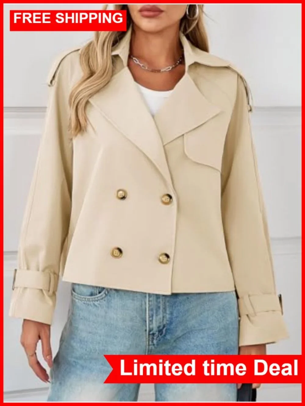 Cropped Trench Coat Oversized Double Breasted Lapel Short Jacket